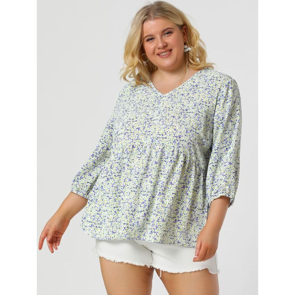 V Neck Women Plus Size 3/4 Sleeve Floral Shirt Blouses Lavender - Picture 3 of 6